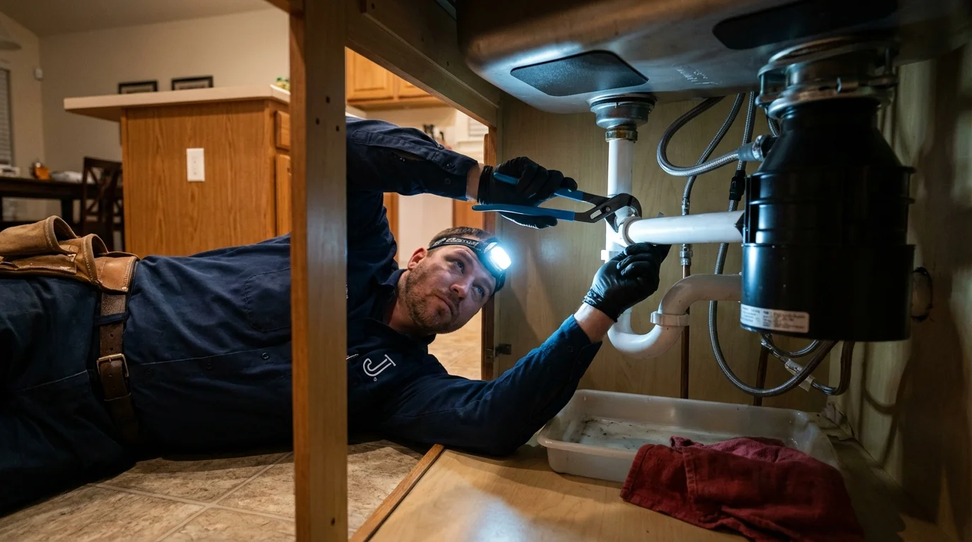P-trap and supply line connections under a kitchen sink showing a common leak point in Emory, TX